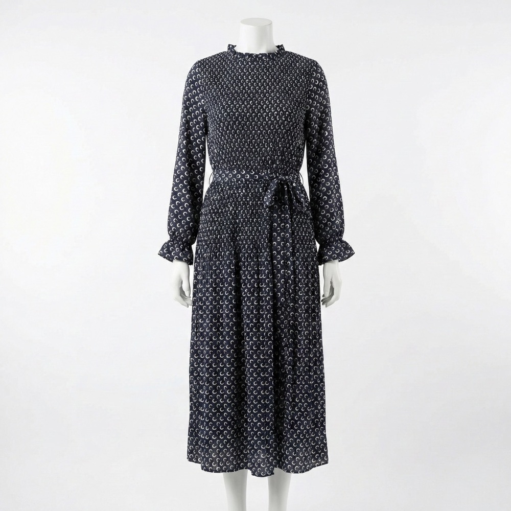 Saint Geraldine Crescent Moon Print Smocked Midi Dress Navy Blue XL